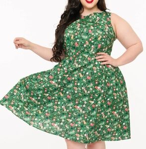 1950s Green Holiday Cat Print Cotton Swing Dress